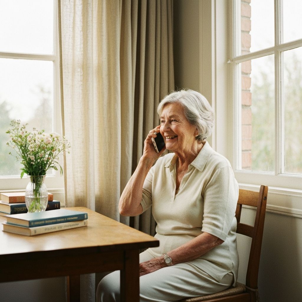 An older woman smiling warmly on a phone call in her sunlit home